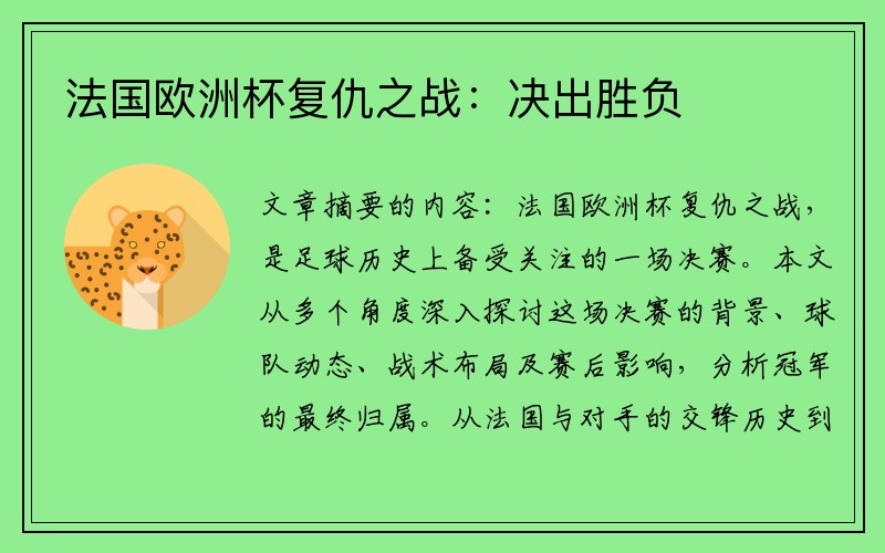 法国欧洲杯复仇之战：决出胜负