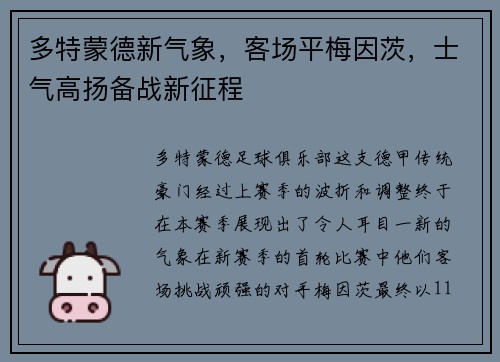 多特蒙德新气象，客场平梅因茨，士气高扬备战新征程