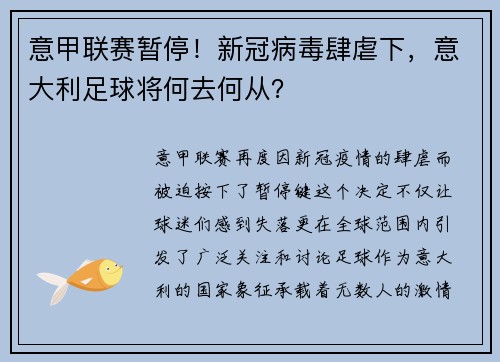 意甲联赛暂停！新冠病毒肆虐下，意大利足球将何去何从？